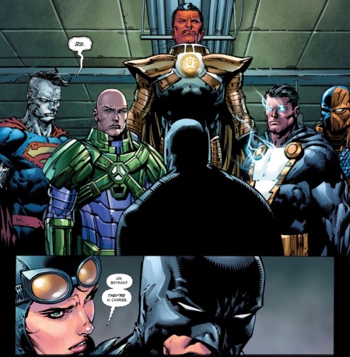 Batman has to relinquish authority to the Luthor so that that they may retake the planet from the Crime Syndicate in "Forever Evil".